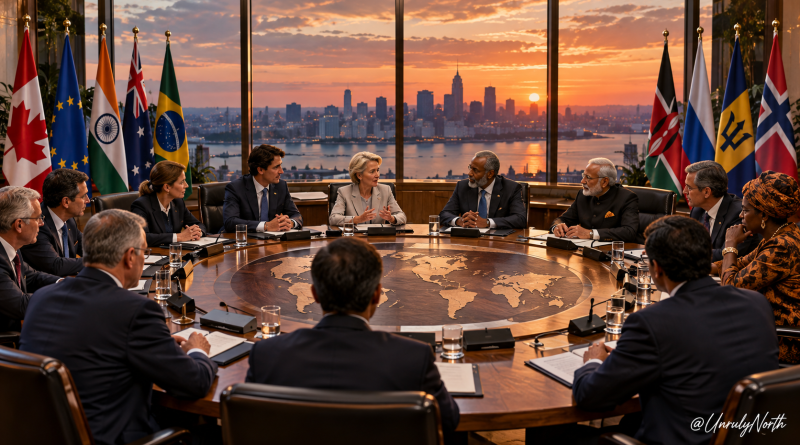 International delegates seated as equals around a round table, surrounded by national flags, discussing shared diplomatic and security concerns.