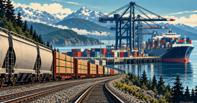 Illustrated freight train carrying Canadian goods toward a container ship at Prince Rupert, showing the rail-to-sea export route supported by CANXPORT.