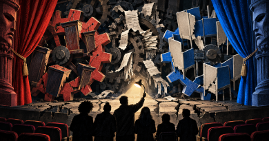 Illustrated citizens shine a light on gears and torn papers behind red and blue political stages.