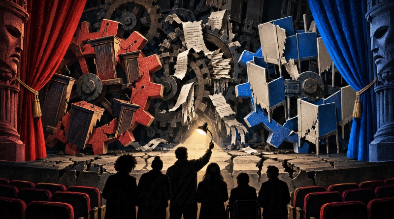 Illustrated citizens shine a light on gears and torn papers behind red and blue political stages.