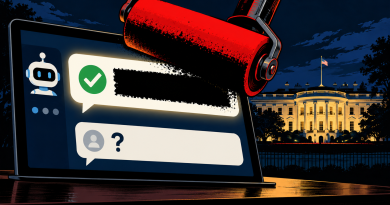 Illustration of a red roller blacking out a chatbot’s checked answer, with an unanswered question below and the White House in the background.