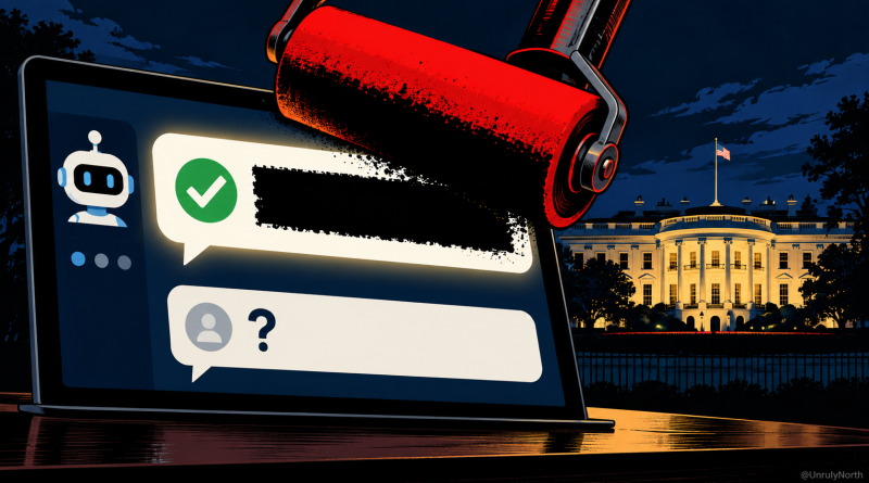 Illustration of a red roller blacking out a chatbot’s checked answer, with an unanswered question below and the White House in the background.