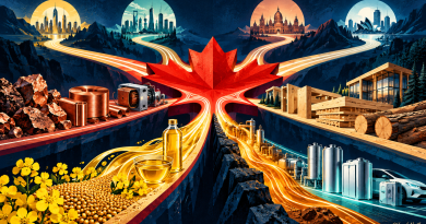 A red maple leaf branches into several illuminated trade routes, surrounded by Canadian canola, copper, timber, energy, and finished manufactured products.