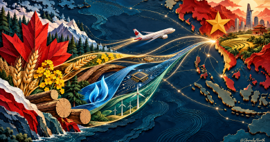 Illustrated trade routes connect Canada and Vietnam through aviation, agriculture, energy, forestry, technology and renewable power.