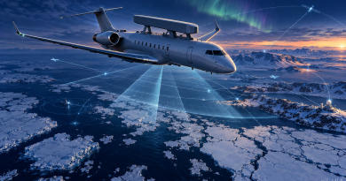 Illustration of a GlobalEye surveillance aircraft above Arctic sea ice, with blue radar beams sweeping toward ships, aircraft, and a coastal station.