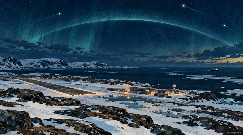 Illustrated Arctic airfield and coastal community beneath a broad arc of light, with sea ice and a distant ship under a dark blue sky.