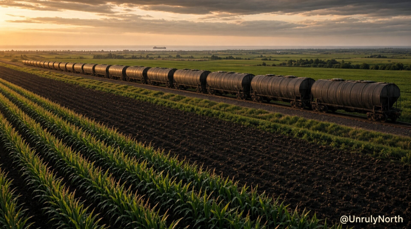 Hopper train carrying potash running through Midwest corn and soil, with a distant cargo ship on the horizon.