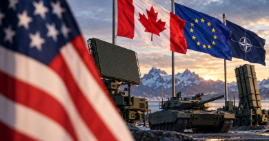 Canadian, European Union, and NATO flags flying above military radar, armored vehicles, and missile-defense equipment, with a blurred U.S. flag in the foreground.