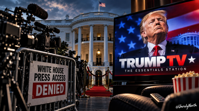 Editorial illustration showing television cameras blocked from White House press access while a large screen displays Trump TV, highlighting the contrast between restricted independent media access and a government-controlled presidential broadcast.