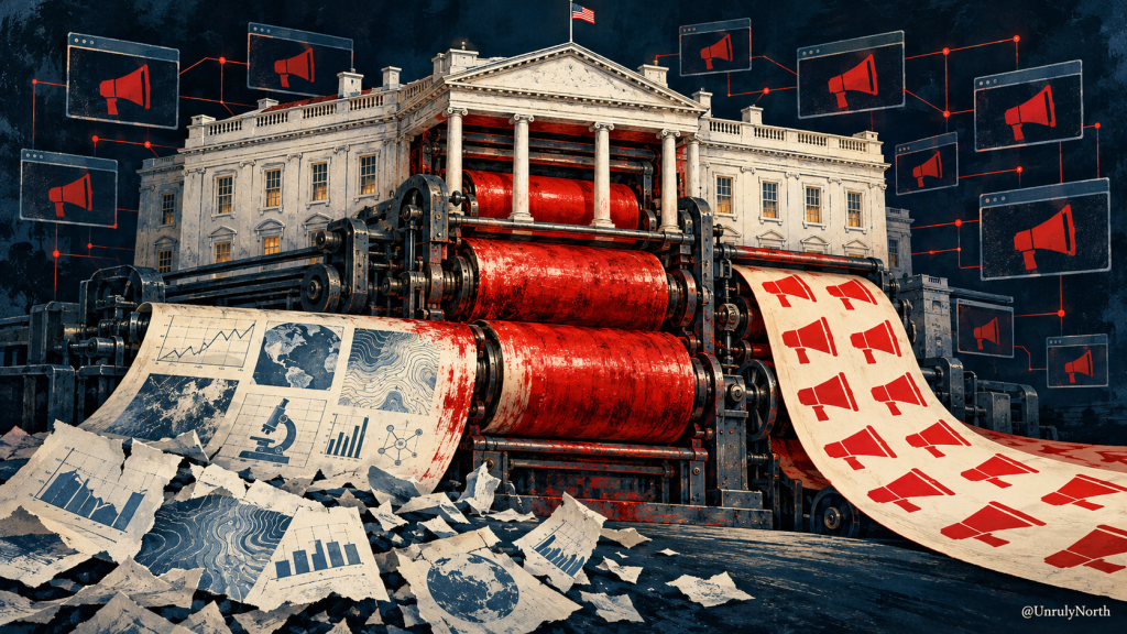 The White House illustrated as a printing press turning scientific charts into red megaphone symbols echoed across connected screens.