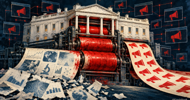 The White House illustrated as a printing press turning scientific charts into red megaphone symbols echoed across connected screens.