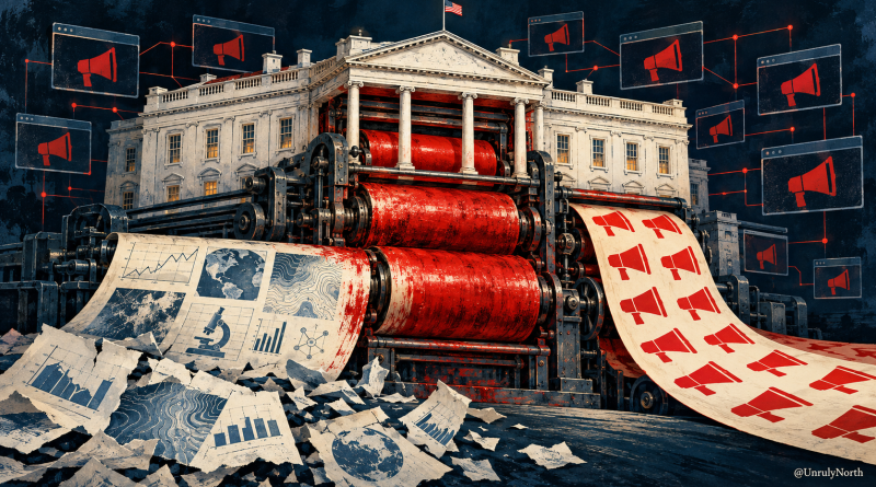 The White House illustrated as a printing press turning scientific charts into red megaphone symbols echoed across connected screens.