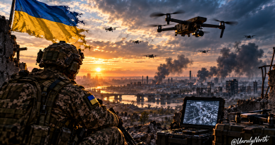 Ukrainian soldier overlooking a devastated battlefield as multiple drones fly overhead, illustrating the rise of inexpensive unmanned warfare.