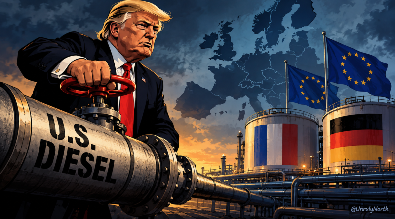 Illustrated Donald Trump grips a valve on a U.S. diesel pipeline facing French and German fuel storage tanks beneath European Union flags.