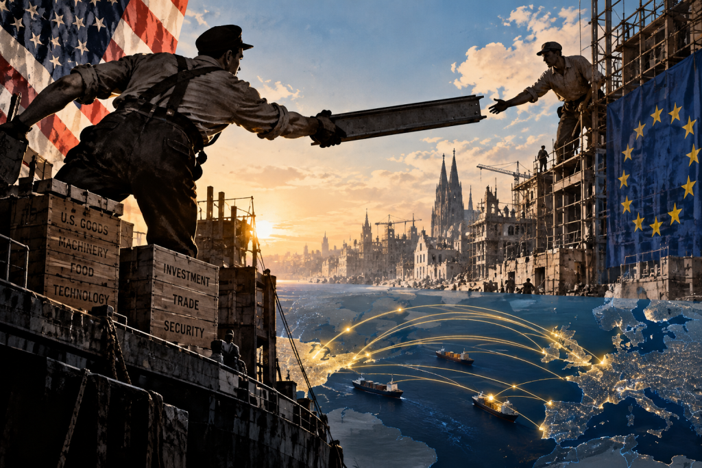 Stylized postwar illustration showing American goods, investment, and security support flowing into a rebuilding Europe, with trade routes connecting both sides of the Atlantic.