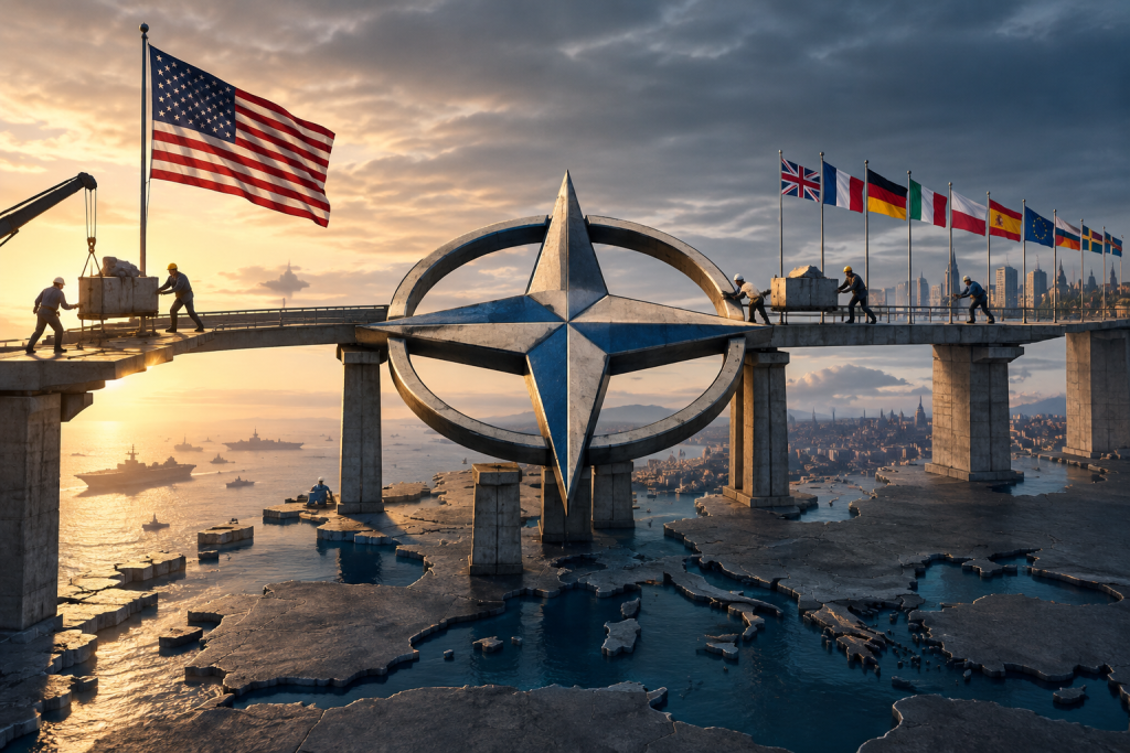 Illustrated NATO bridge spanning Europe, with American and European flags, workers maintaining the structure, and military vessels below to represent shared costs, access, and strategic benefit.
