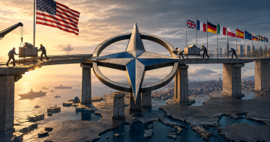 Illustrated NATO bridge spanning Europe, with American and European flags, workers maintaining the structure, and military vessels below to represent shared costs, access, and strategic benefit.