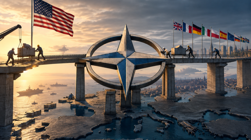 Illustrated NATO bridge spanning Europe, with American and European flags, workers maintaining the structure, and military vessels below to represent shared costs, access, and strategic benefit.