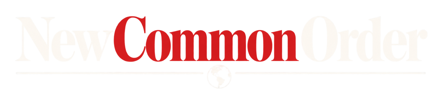 New Common Order logo in a newspaper-style serif typeface, with “Common” in deep red and a small globe beneath the title.